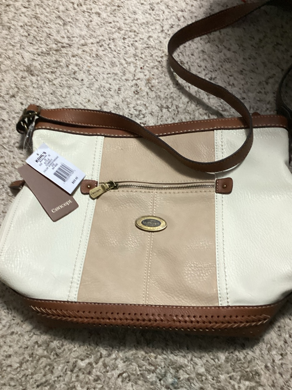 Cream and Tan Panelled Leather Shoulder Bag with Brown Trim